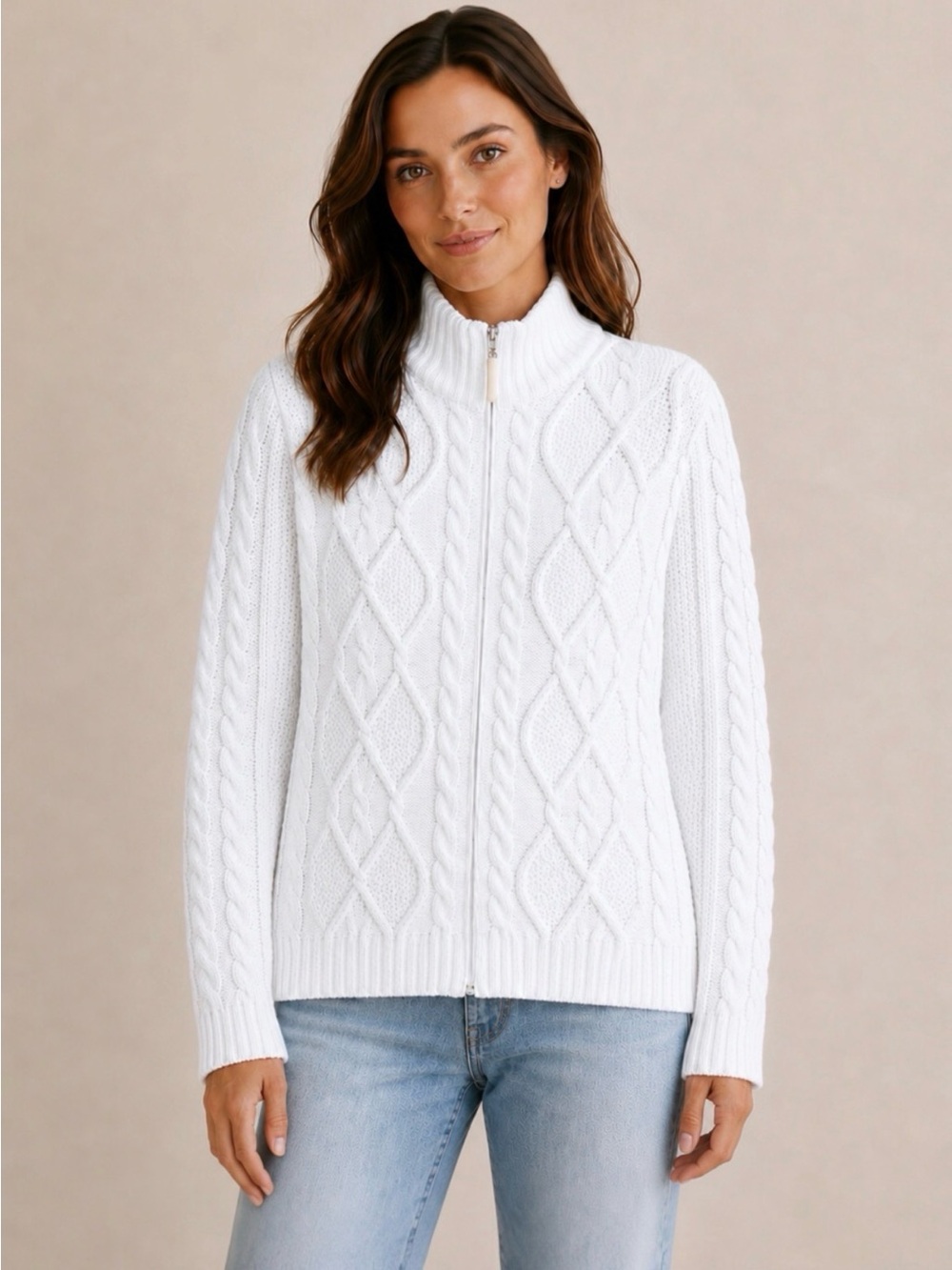 100% Cotton White Cable Knit Zip Cardigan Sweater Made in Canada Large